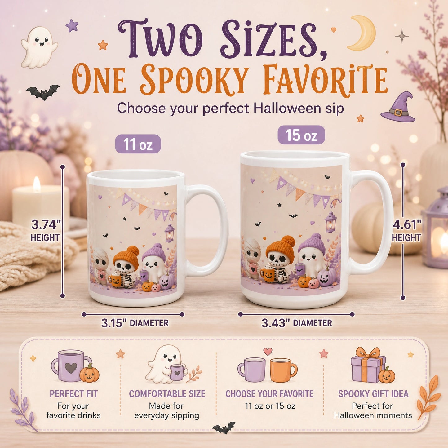 Cute Halloween Characters Ceramic Mug | Spooky Season Gift - new - Variants Size