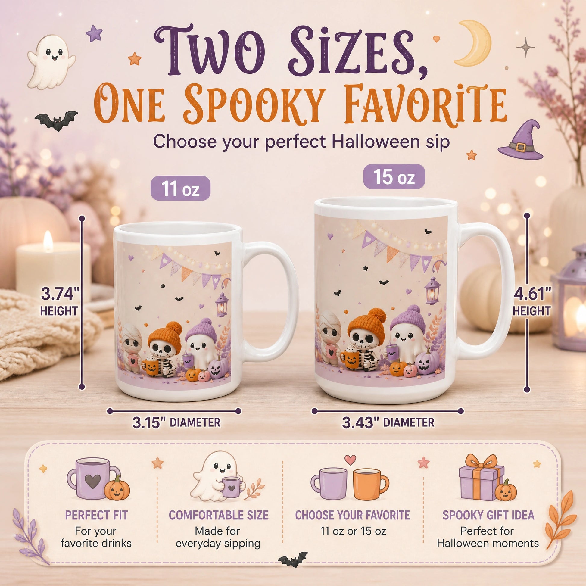Cute Halloween Characters Ceramic Mug | Spooky Season Gift - new - Variants Size