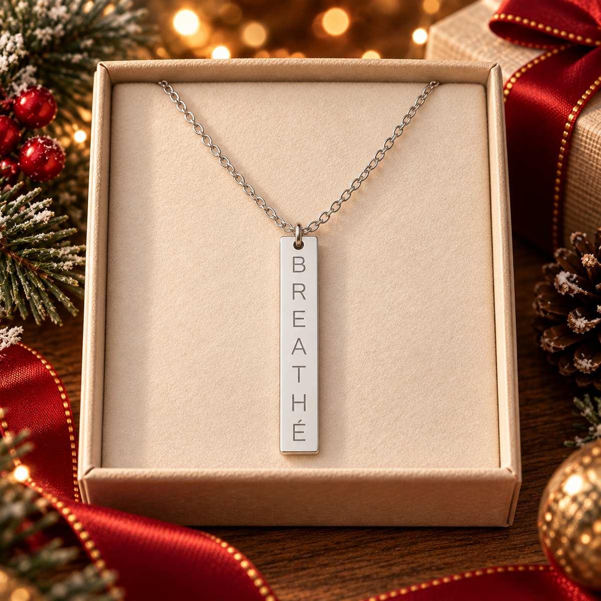 BREATHE Engraved Bar Necklace Minimalist Pendant