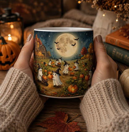 Halloween Ghost Pumpkin Patch Mug — Cute Autumn Night Coffee Cup