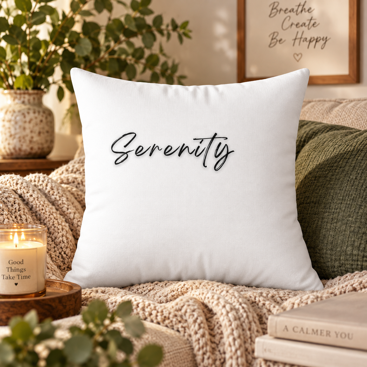 Serenity Accent Pillow Minimal Script Decor