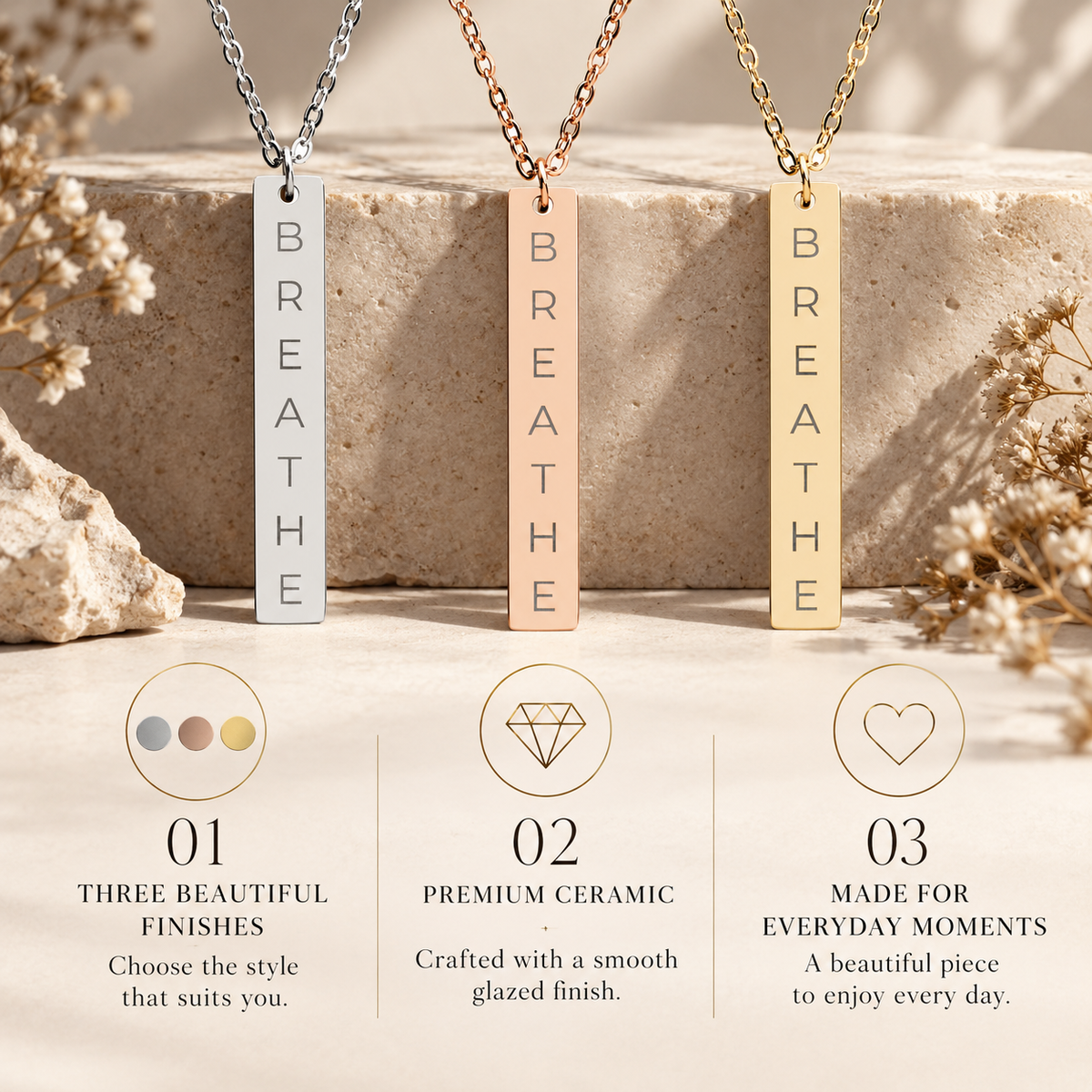 BREATHE Engraved Bar Necklace Minimalist Pendant
