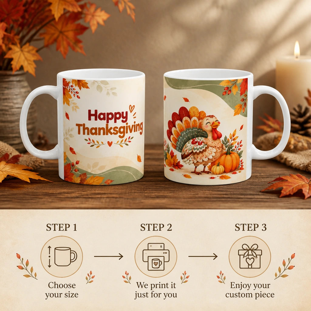 Happy Thanksgiving Turkey Ceramic Mug | Festive Holiday Gift - new - Personalization Process