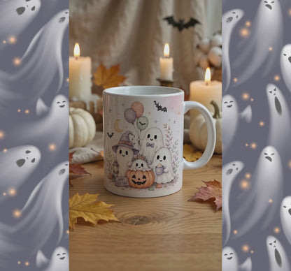 Halloween Ghost Ceramic Mug — Cute Spooky Nights, Treats & Memories Coffee Cup (11oz/15oz)