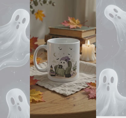 Cozy Halloween Reading Mug Cute Ghost & Cat
