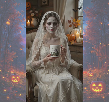 Cozy Halloween Reading Mug Cute Ghost & Cat