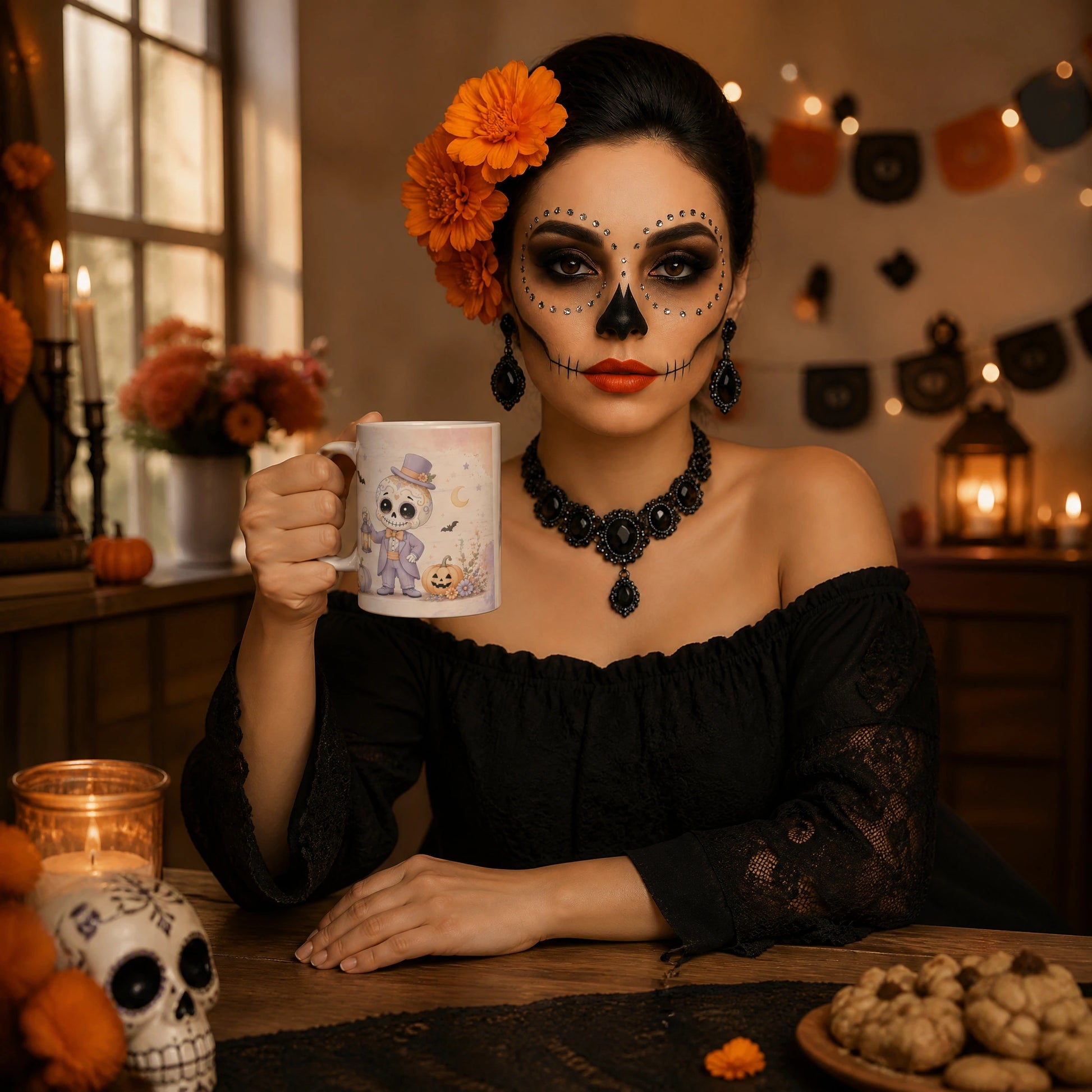Whimsical Skeleton Halloween Ceramic Mug | Spooky Gift - new - Lifestyle Video Imagen