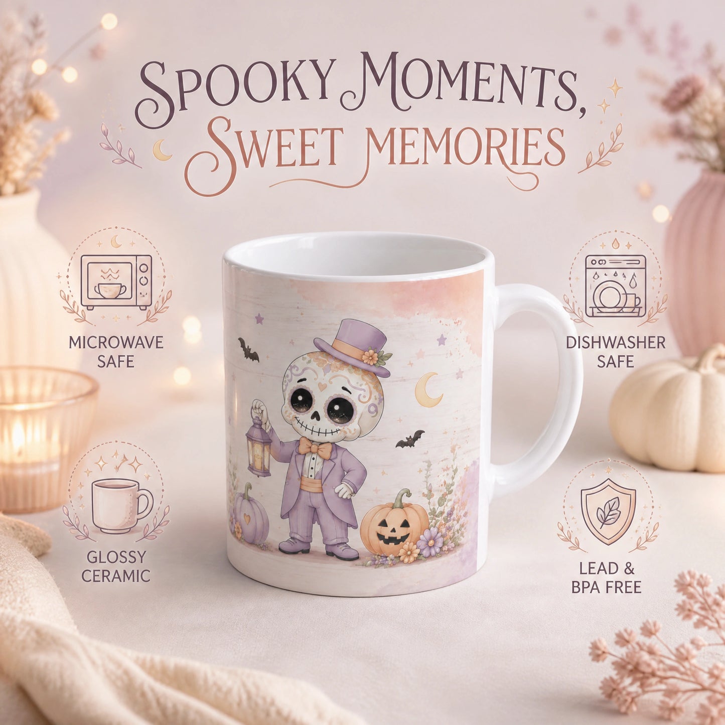 Whimsical Skeleton Halloween Ceramic Mug | Spooky Gift - new - Product Feature