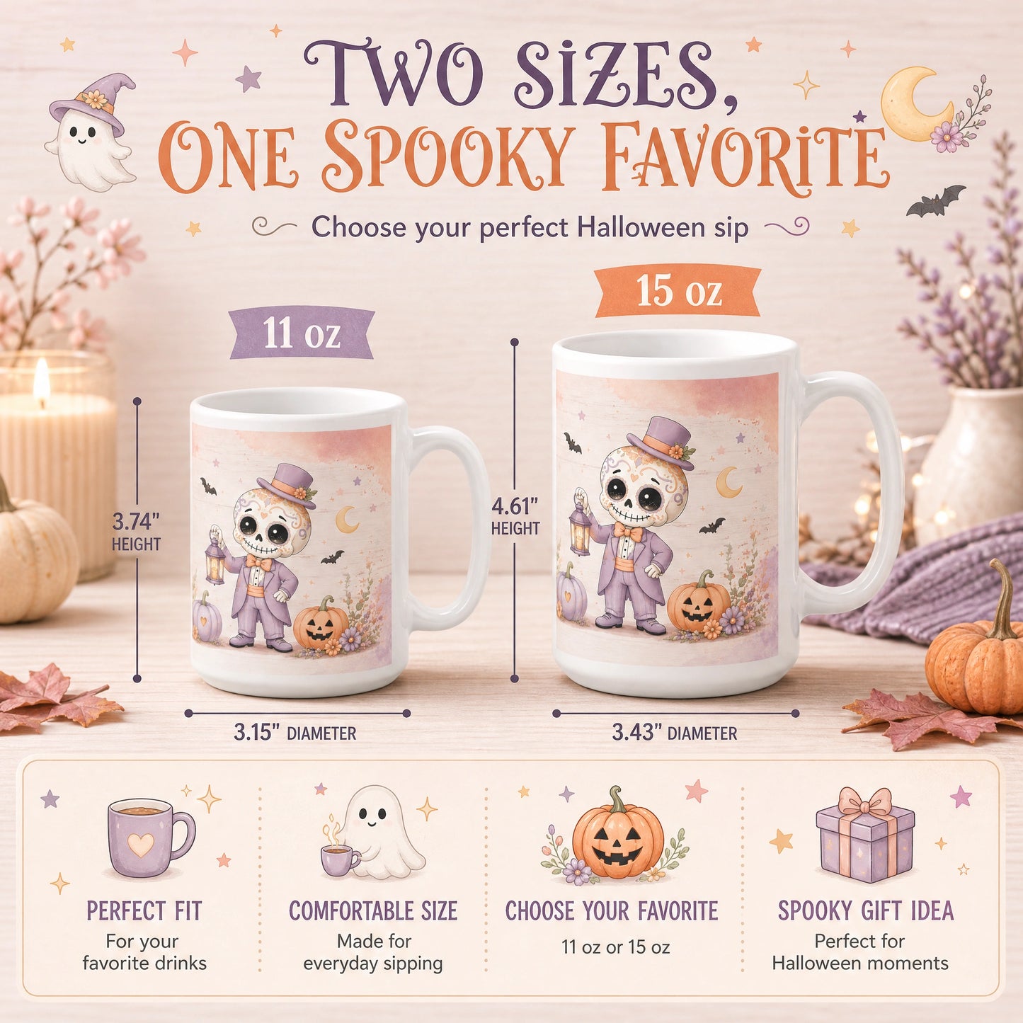 Whimsical Skeleton Halloween Ceramic Mug | Spooky Gift - new - Variants Size